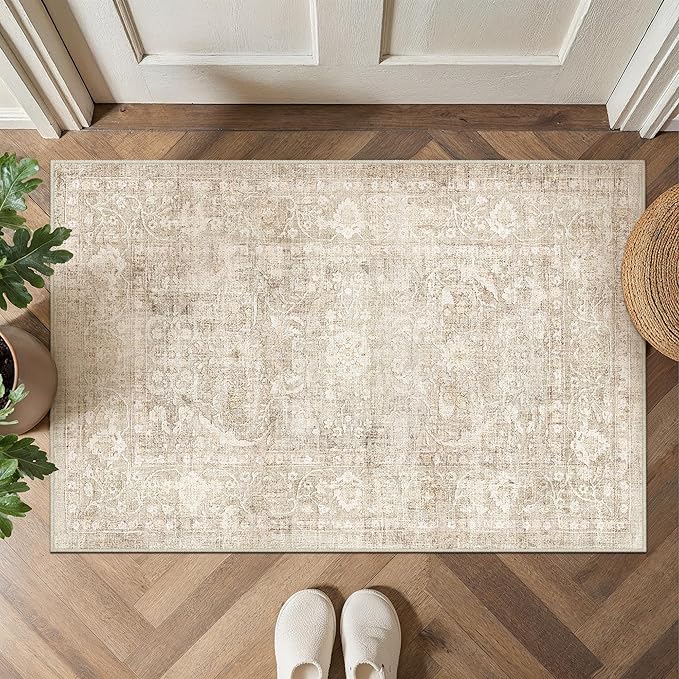 2x3 Beige Washable Area Rug for Entryway Neutral Soft Non Slip Small Carpet Low Pile Vintage Distressed Door Mat for Entrance Bathroom Bedroom Indoor
