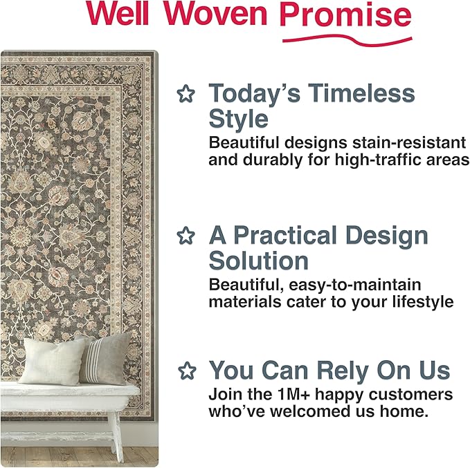 Well Woven Asha Rome Charcoal Brown 7'7" x 9'10" Area Rug - Oriental Floral Pattern, Easy Clean, Floor-Friendly Backing - for Living Room, Bedroom, and Dining Room