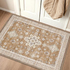 LUMI Indoor Thin Door Mat, 18x30 Washable Small Inside Doormat, Non Slip Low Pile Oriental Floor Carpet, Vintage Distressed Area Rug for Front Door,Entrance,Bedroom, Amber