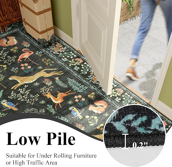 DUKINO 5x7 Rug, Washable Animal Living Room Rug with Non Slip Vintage Design, Soft Low Pile Large Carpet for Bedroom, Nursery, Dining Room, Farmhouse, Playroom, Black