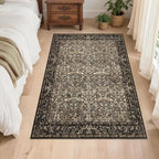 Washable Living Room Rug: 3x5 Boho Floral Soft Area Rug for Bedroom Decor - Vintage Low Pile Thin Carpet for Dining Room Non-Slip - Farmhouse Stain Resistant Rugs - Dark Brown