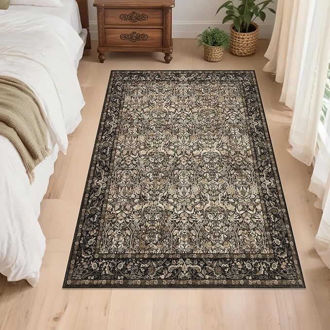 Washable Living Room Rug: 3x5 Boho Floral Soft Area Rug for Bedroom Decor - Vintage Low Pile Thin Carpet for Dining Room Non-Slip - Farmhouse Stain Resistant Rugs - Dark Brown