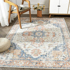 jinchan Area Rug 4x6 Washable Rug Vintage Indoor Floor Distressed Carpet Orange Multi Thin Chenille Mat Accent Rug Lightweight Non Slip Kitchen Living Room Bedroom Dining Room