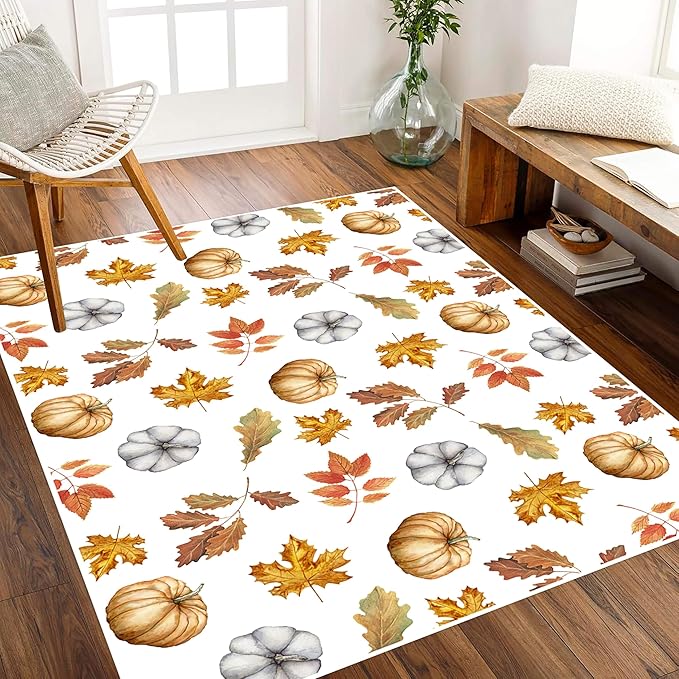 Pumpkin Area Rug, 4x5ft, Fun Vibrant Autumn Harvest Fallen Leaves Pumpkin Plant White Fall Porch Rug, Sturdy Non Slip Easy-Washing Fall Decorations for Home Bedroom