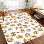 Pumpkin Area Rug, 5x8ft, Fun Vibrant Autumn Harvest Fallen Leaves Pumpkin Plant White Fall Porch Rug, Sturdy Non Slip Easy-Washing Fall Decorations for Home Bedroom