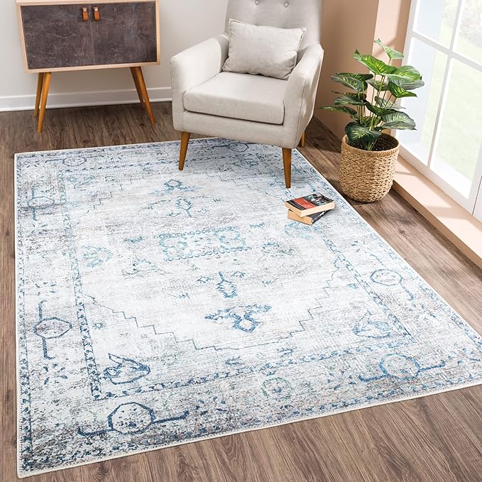 Bloom Rugs Washable Non-Slip 9' x 12' Rug - Teal/Beige Traditional Area Rug for Living Room, Bedroom, Dining Room, and Kitchen - Exact Size: 9' x 12'