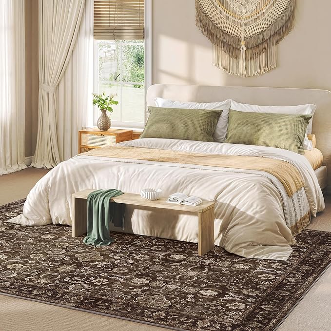 6x9 Rugs for Living Room, Soft Large Area Rugs Brown Washable Rug, Indoor Vintage Rugs for Bedroom Home Office Laundry, Rubber Backed Non Slip Low Pile Carpet, Dark Brown