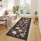 DUKINO 2x6 Runner Rug for Hallway, Washable Kitchen Runner Rug with Non Slip Backing, Low Pile Soft Boho Floral Runner for Kitchen, Hallway, Entryway, Laundry, Bedroom, Black