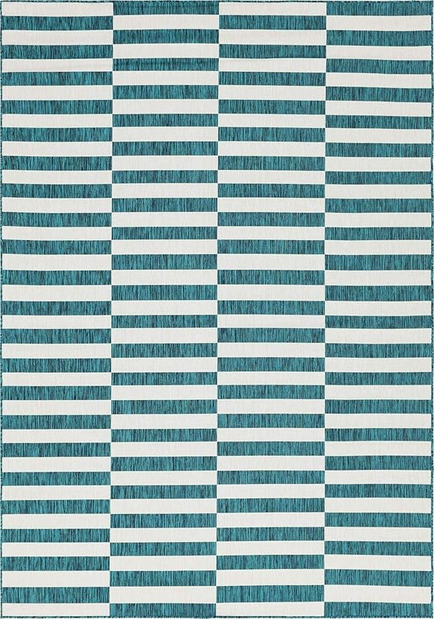Unique Loom Outdoor Collection Classic Stripes, Transitional Indoor & Outdoor Area Rug, Rectangular 8' 0 x 11' 0 Teal/ Ivory