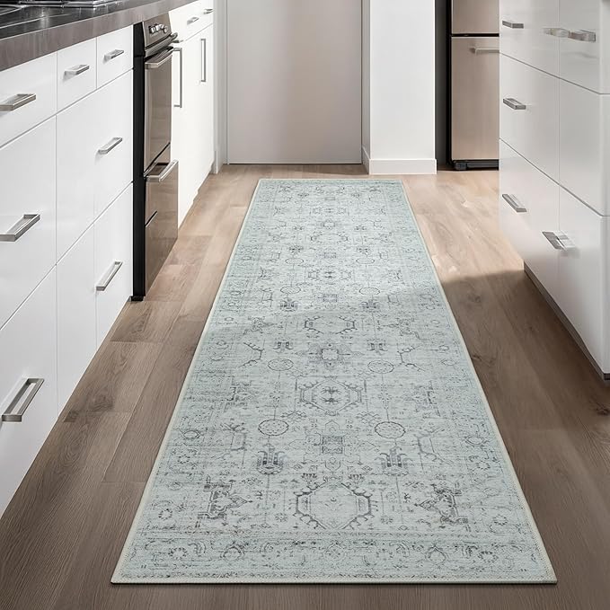 GLN Rugs Traditional Collection - Machine Washable Area Rug, Traditional Washable, Non Slip, Low Pile Chenille Rug, Living Room, Bedroom, Kitchen Rug (2'6" x 10' Cream/Gray/Sea Salt)