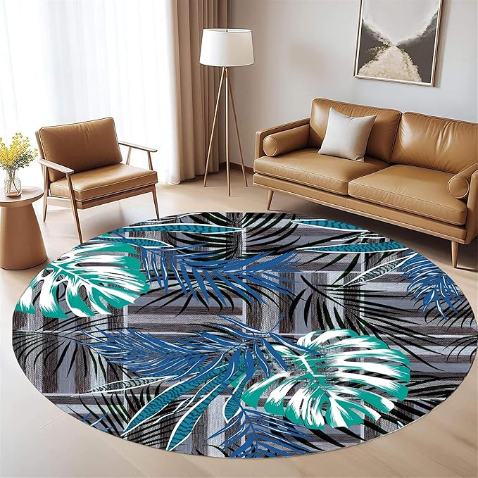 Round Area Rug 3.3ft - Abstract Palm Leaf Pattern, Non-Slip Machine Washable Low Pile Carpet for Bathroom, Living Room, Bedroom, Entryway, Durable Indoor Floor Mat