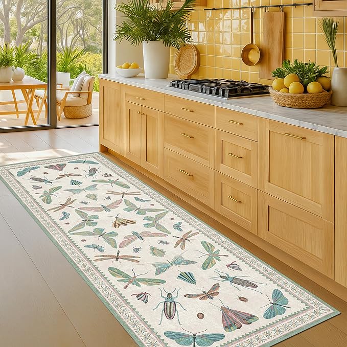 Washable Non Slip Bathroom Runner Rug 2x5, Insect Boho Bath Mat, Stain Resistant Low Pile Butterfly Insect Print Rugs for Laundry Room, Powder Room, Beige Green