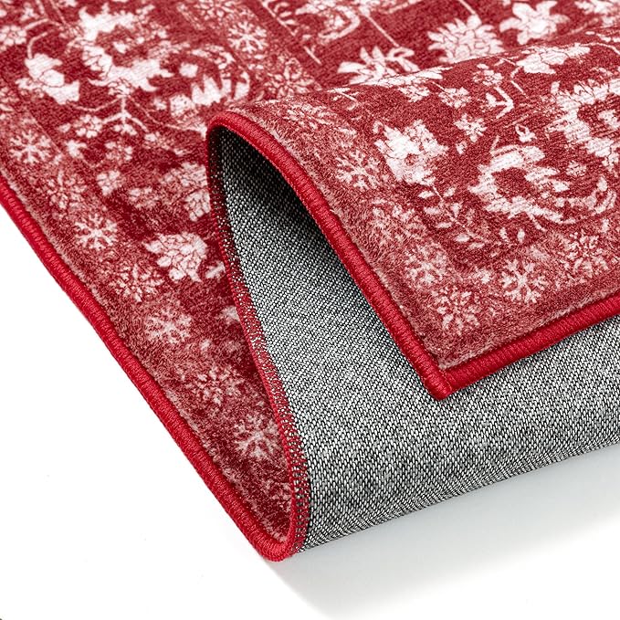 Christmas Runner Rug 2x6 Red Washable Hallway Carpet Retro Floral Holiday Decorative Non Slip Low Pile Soft Throw Long Xmas Rug for Kitchen Bedroom Bathroom