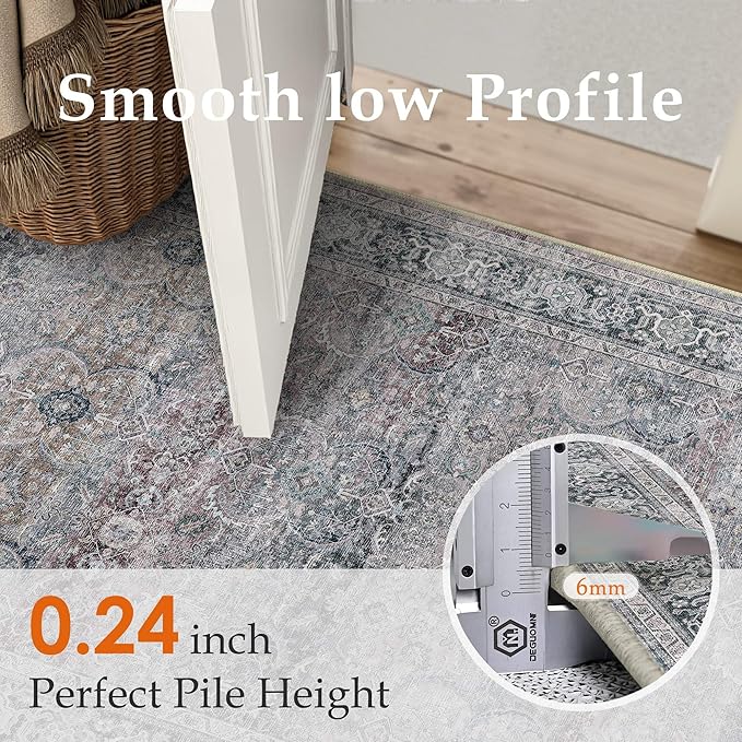 HUGEAR 2x6 Runner Rug Non Slip Washable Area Rug Purple Vintage Neutral Distressed Carpet Soft Low Pile Pet Friendly for Bedside Bathroom Kitchen Hallway Porch