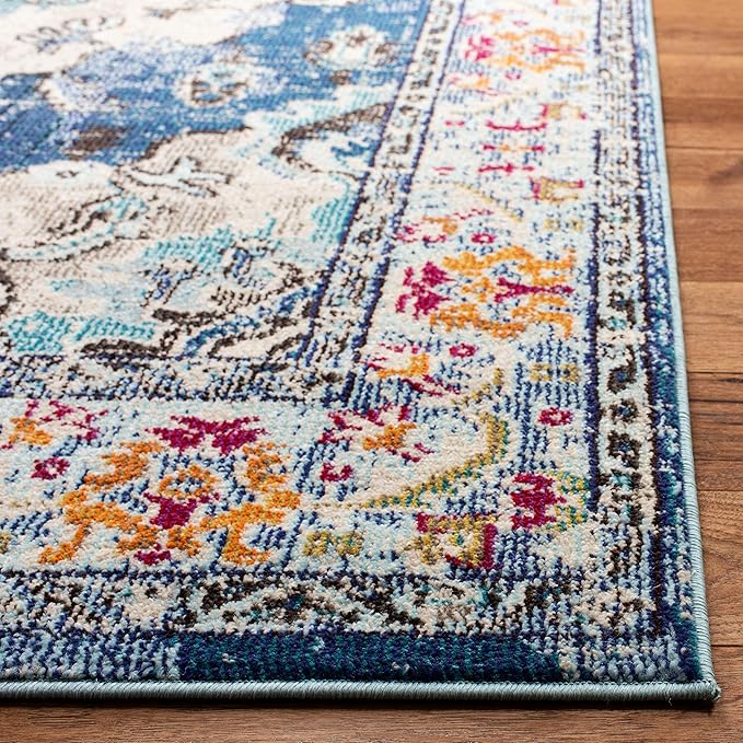 SAFAVIEH Monaco Collection Area Rug - 5' Square, Navy & Light Blue, Boho Chic Medallion Distressed Design, Non-Shedding & Easy Care, Ideal for High Traffic Areas in Living Room, Bedroom (MNC243N)