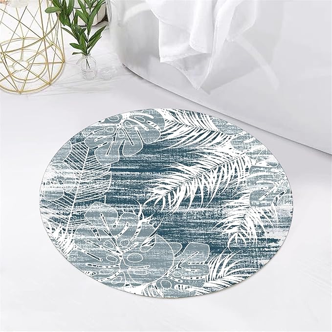 Washable Round Rug 6ft - Blue Tropical Botanical Pattern, Non-Slip Low Pile No Shedding Carpet, Soft Flannel Feel Rug for Living Room, Bedroom, Bathroom，Indoor Use