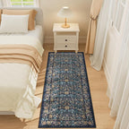 DUKINO 2x5 Washable Runner Rug, Floral Non Slip Bathroom Rugs with Soft Low Pile Design, Lightweight Non-Shedding Carpet Runner for Bathroom, Kitchen, Hallway, Bedroom, Laundry, Dark Blue