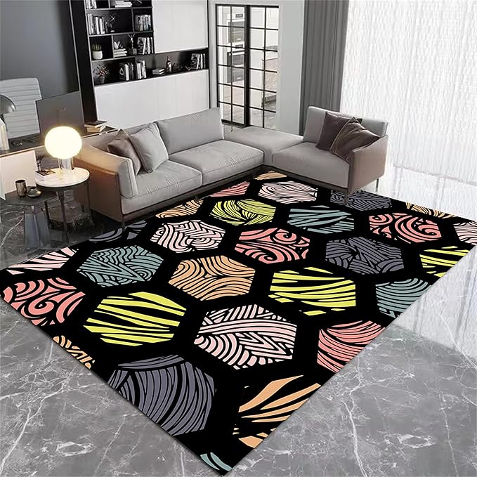 Large Living Room Area Rug 3x4ft,Modern Geometric Rugs, Multicolor Low Pile Farmhouse Carpet, Machine Washable & Non-Slip Non-Shedding for Classroom, Bedroom & Dorm