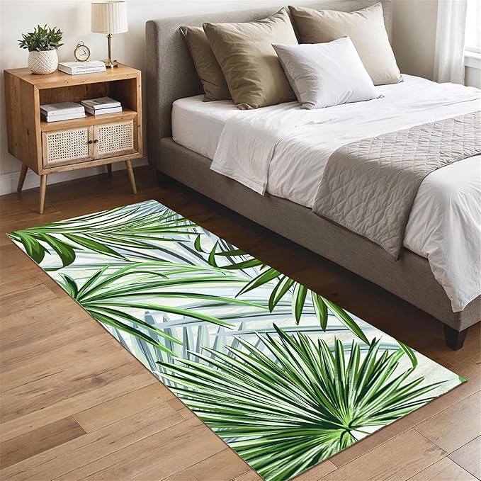 Hall Runner Rug 3.3x10 ft Non-Slip - Tropical Palm Leaves Design in Emerald Green - Easy Clean Washable Carpet for Hallway, Entryway, Bedroom - Durable Floor Decor