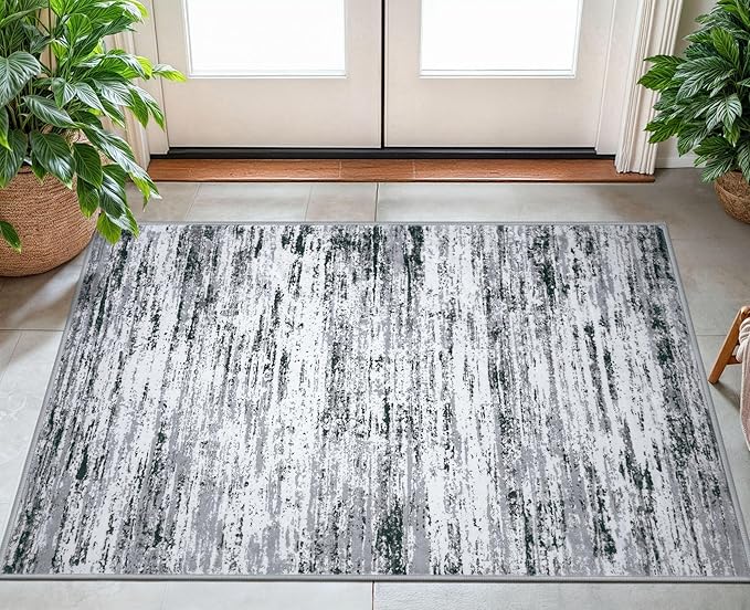 Modern Abstract Small Area Rug Indoor 3x5 Washable Rug Non-Slip Soft Entryway Rug Black Gray White Kitchen Mats Thin Print Faux Wool Floor Carpet Throw Rugs for Entrance Bedroom Home Decor