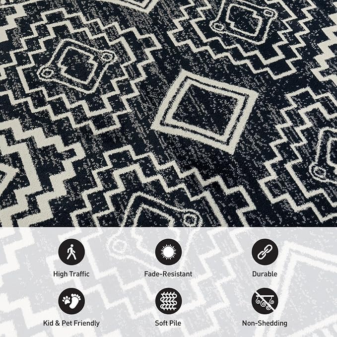 Rugshop Southwestern Black and White Tribal Area Rug – Geometric Diamond Pattern Carpet for Living Room, Bedroom, or Entryway – Boho Rustic Soft Floor Decor 2' 3" x 12' Runner Black