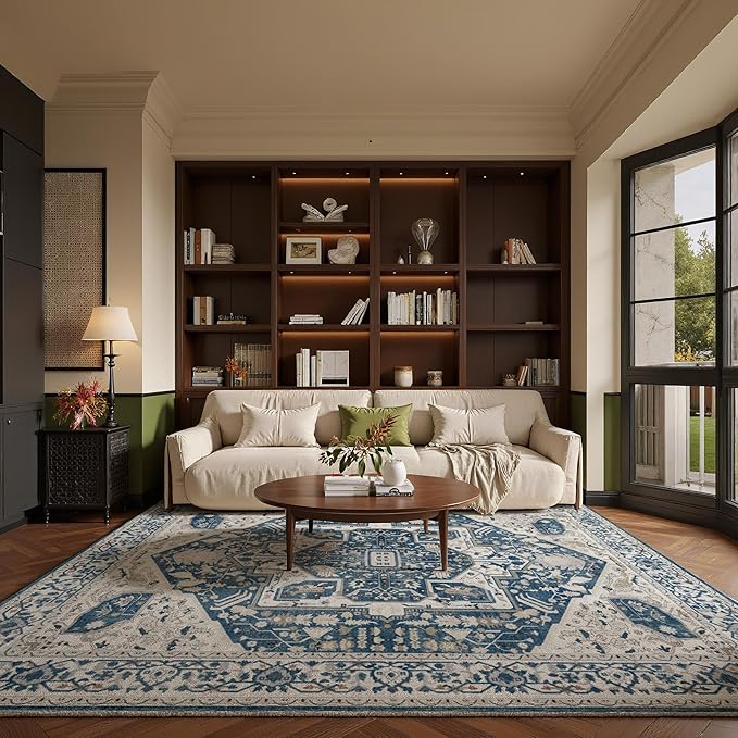 EnHomee 8x10 Area Rugs Washable for Bedroom, Boho Vintage Rugs, Foldable Area Rug for Dining Room, Non-Slip Soft Living Room Rug, Low Pile Large Carpet for Bathroom, Blue and White