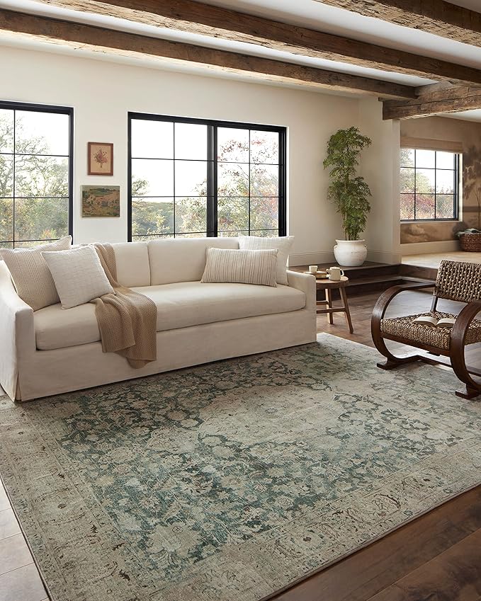 Loloi Magnolia Home by Joanna Gaines Sinclair Collection SIN-05 Jade/Sand 7'-6" x 9'-6", .25" Pile Height, Machine Washable, Area Rug