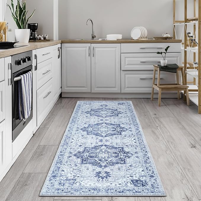 Bloom Rugs Washable Non-Slip 12 ft Runner - Gray/Blue Traditional Medallion Runner for Entryway, Hallway, Bathroom, and Kitchen - Exact Size: 2.5' x 12'