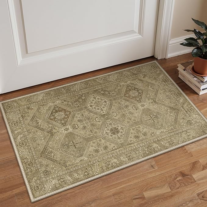 Bavni Clearance 2x3 Rugs for Entryway Indoor, Machine Washable Area Rug Non Slip, Vintage Distressed Throw Rugs, Ultra-Thin Small Entry Carpet, Low Pile Door Mat for Entrance, Bedroom, Bathroom, Brown