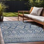 Beverly Rug Waikiki Boho Indoor Outdoor Rug 9x12, Washable Outside Carpet for Patio, Deck, Porch, Bohemian Area Rug, Farmhouse Rugs, Aztec Tribal Rug, Azure and White