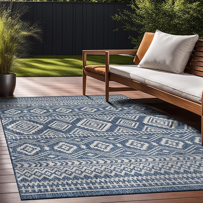 Beverly Rug Waikiki Boho Indoor Outdoor Rug 10x14, Washable Outside Carpet for Patio, Deck, Porch, Bohemian Area Rug, Farmhouse Rugs, Aztec Tribal Rug, Azure and White