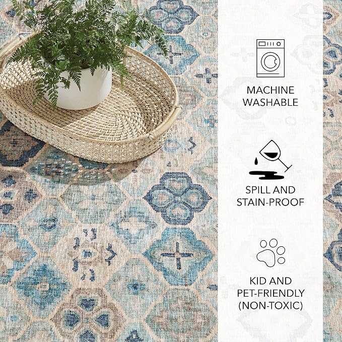 Dash and Albert Pali Machine Washable Area Rug - 5' x 8' Blue - Geometric Accent Rug - Anti-Slip Backing, Lightweight, Machine Washable, High Traffic Areas Kitchen, Mudroom, Laundry Room
