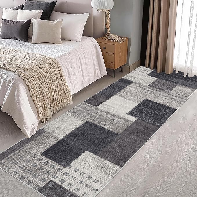 Modern Geometric Patchwork Indoor Runner Rug for Living Room, Charcoal 2'x 6' Rug Rockwood Collection Hardwood Floors Decor for Bedroom, Grey Throw Carpet for Office Entryway Dining Room