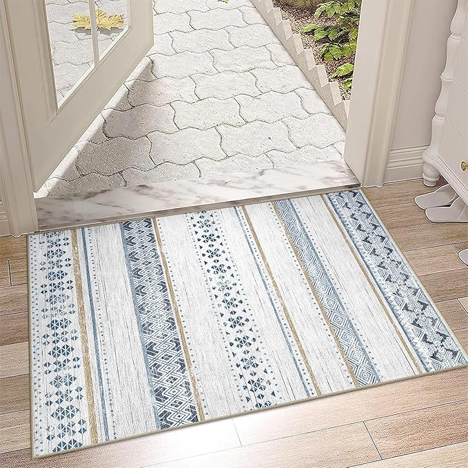 BESTSWEETIE 2x3 Area Rugs for Living Room Washable Moroccan Farmhouse Neutral Geometric Low Pile Non-Slip Soft Print Pattern Rug for Bedroom Kitchen Dining Room Entryway Blue/Brown