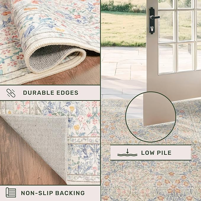 Boho Beige Blue Living Room Rug 6x8 - Vintage Retro Floral Paste Neutral, Washable Low Pile Non-Slip Large Area Rugs for Dining Under Table, Bedroom