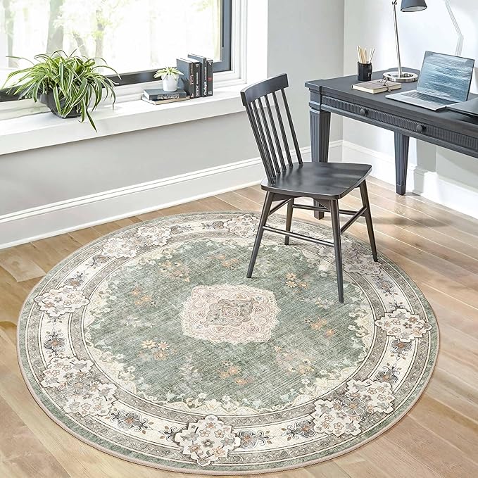 MUJOO Green Round Rug 5ft,Circle Washable Area Rugs for Bedroom Living Room Bathroom,Boho Large Non Slip Circular Carpet,Sage Floral