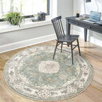 MUJOO Green Round Rug 5ft,Circle Washable Area Rugs for Bedroom Living Room Bathroom,Boho Large Non Slip Circular Carpet,Sage Floral