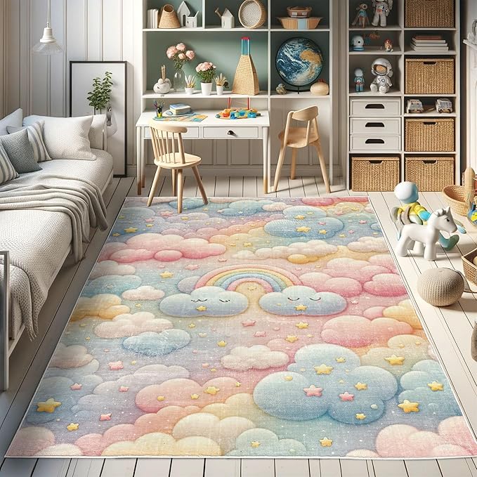 Ambesonne Cartoon Sky Decorative Rug, Dreamy Colors Celestial Atmosphere with Starry Kawaii Clouds Rainbow, Quality Carpet for Bedroom Dorm and Living Room, 4' X 5' 5", Blush Mustard Blue