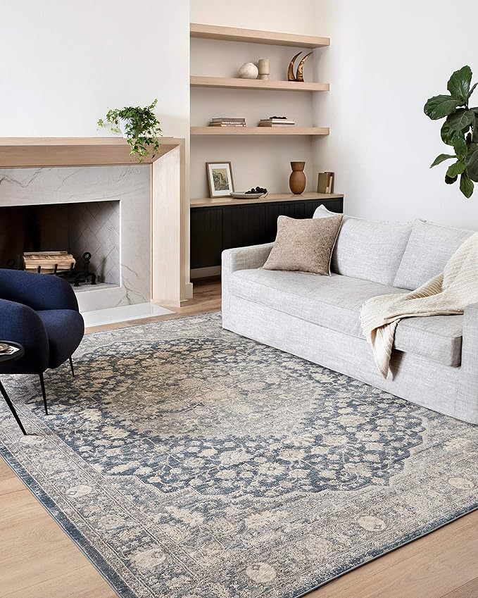 Loloi Teagan Collection TEA-01 Denim/Mist 2'-8" x 10'-6" Runner Rug, Large, Soft Neutral Rug, High-Traffic for Living Room, Bedroom, Home Office, Dining Area