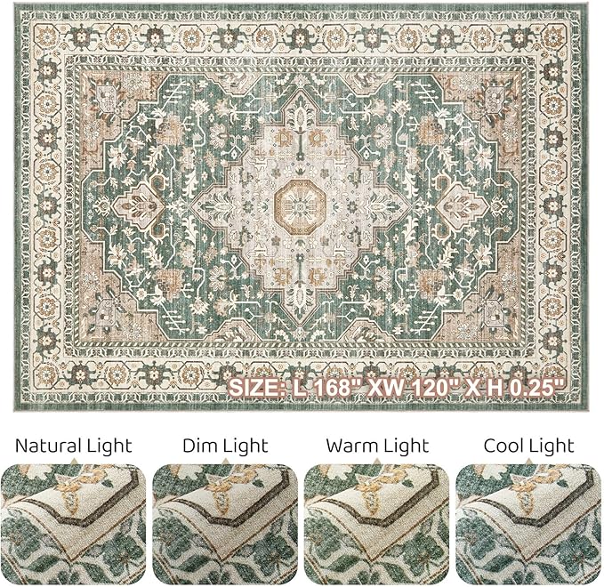 Green Rug Living Room Rugs: 10x14 Washable Boho Large Vintage Soft Stain Resistant Farmhouse Oriental Non Slip Indoor Floor Carpet for Bedroom Nursery Kids Playroom Office Dining Room Home Decor