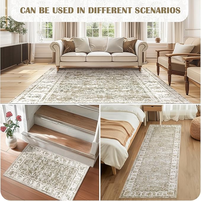 jinchan Fiora Floral 2x3 Rugs for Entryway - Vintage Washable Small Non-Slip Distressed Indoor Doormat Ultra-Thin Low-Pile Accent Rug for Entrance Kitchen Bedroom Bathroom (2x3ft, Taupe)