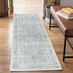 Bloom Rugs Washable Non-Slip 12 ft Runner - Cream/Light Blue/Teal Traditional Medallion Runner for Entryway, Hallway, Bathroom, and Kitchen - Exact Size: 2.5' x 12'