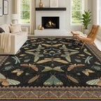 Black Washable Insect Area Rugs 8x10 for Living Room, Bedroom, Dining Room Under Table, Playroom, Large Dark Whimsical Boho Indoor Rug, Ultra Soft Low Pile Non Slip