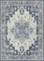 GENIMO 6x9 Area Rugs for Living Room, Machine Washable Non Slip Vintage Rugs, Low Pile Lightweight Chenille Print Rug for Bedroom, Dining Room, Home Office, Center Blue