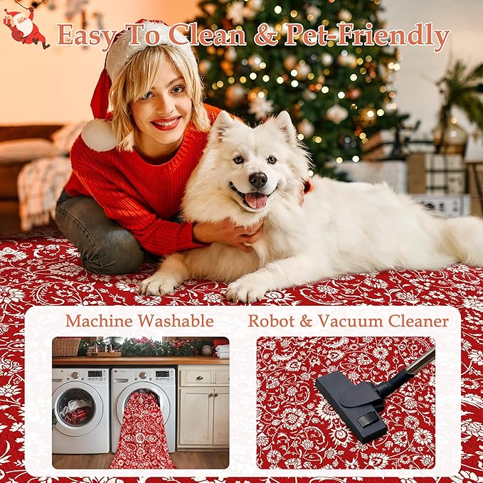 HUGEAR Christmas 2x6 Runner Rug Machine Washable Red Hallway Area Rugs Indoor Accent Rugs Floral Low Pile Carpet Distressed Throw Rug Bedroom Living Room Office Dining Kitchen Laundry Non Slip
