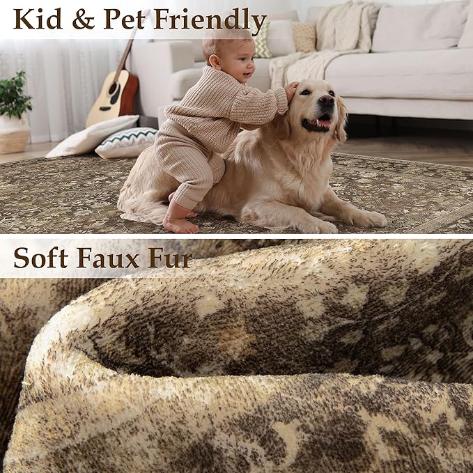HUGEAR 8x10 Machine Washable Rugs Brown Hallway Large Area Rug Indoor Accent Rug Floral Mid Pile Carpet Soft Soft Thicker Aesthetic Rug Bedroom Living Room Office Dining Kitchen Laundry