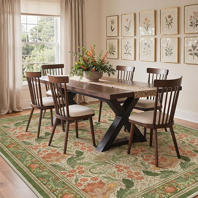 Bavni 9x12 Area Rugs, Floral Machine Washable Rugs for Living Room, Dinning Room, Bedroom, Non Slip Aesthetic Vintage Low Pile Durable Lightweight Farmhouse Rug, Sage Green & Burnt Orange