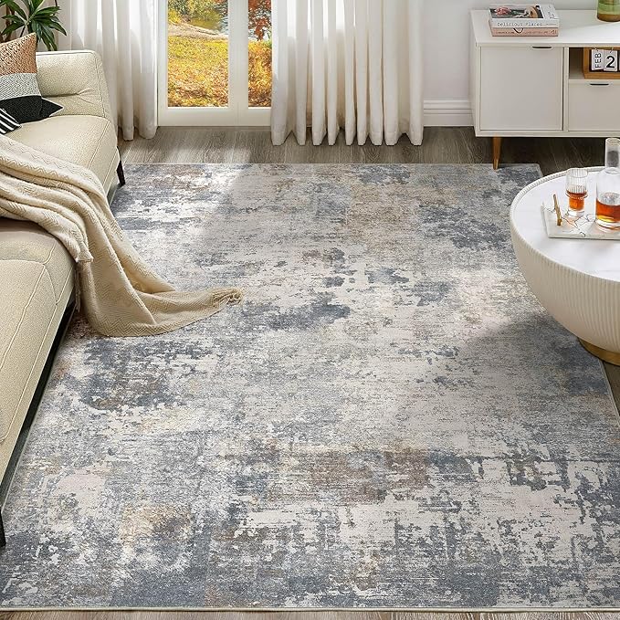 6x9 Area Rug Living Room Rugs - Washable Neutral Modern Abstract Soft Thin Large Rug Indoor Floor No Slip Rug Carpet for Bedroom Under Dining Table Home Office Decor - Blue Grey