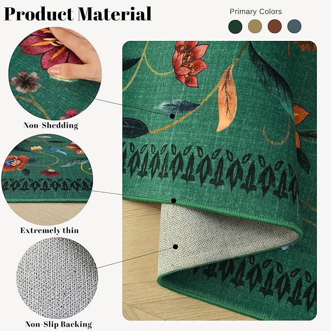 Vintage Medallion Floral 3x5 Washable Rug, Soft Low Pile Area Rug, Non-Slip Carpet for Bedside, Bedroom, Bathroom, Entryway, Kitchen, Office, Kids/Girls Room | Green