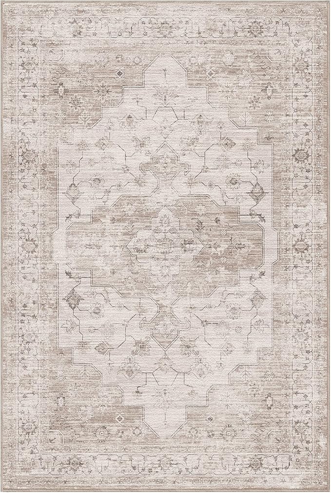 LUMI Washable 5x8 Area Rug for Living Room, Ultra Soft Vintage Rug with TPE Non Slip Backing, Stain Resistant, Low Profile Carpet High Traffic for Bedroom, Dining Room